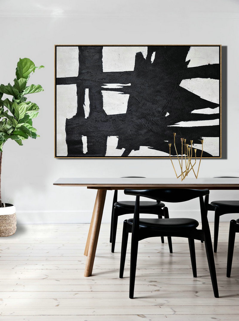 Canvas Artwork For Sale,Horizontal Minimal Painting On Canvas, Black, White And Grey Textured Art - Acrylic Minimailist Painting